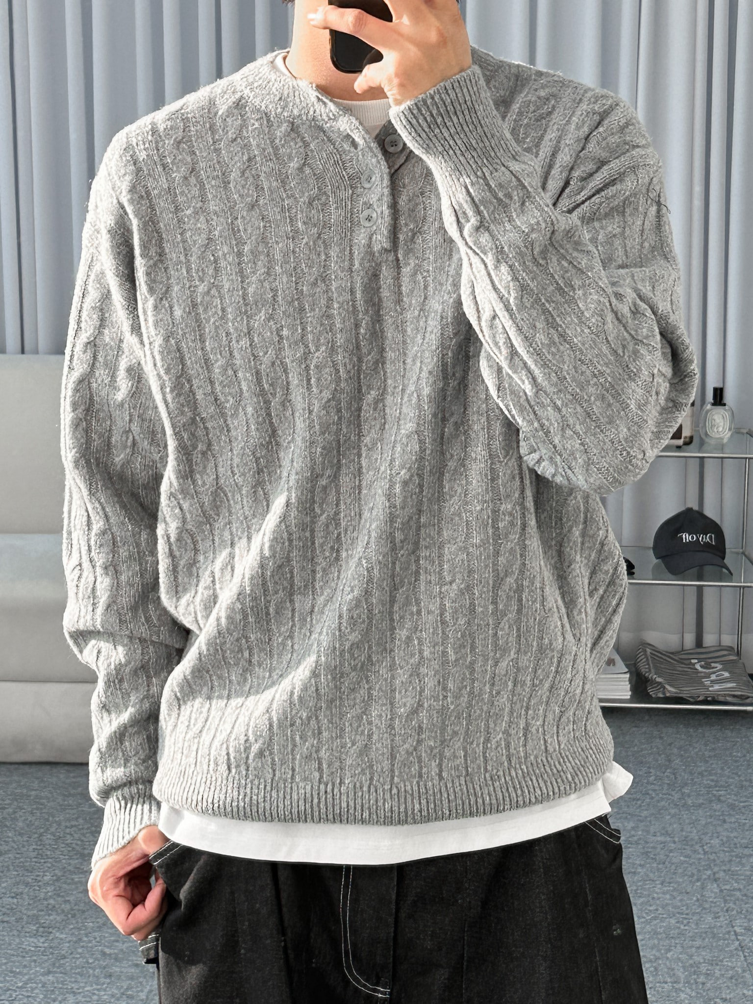 4-button henly neck cable knit (4color)