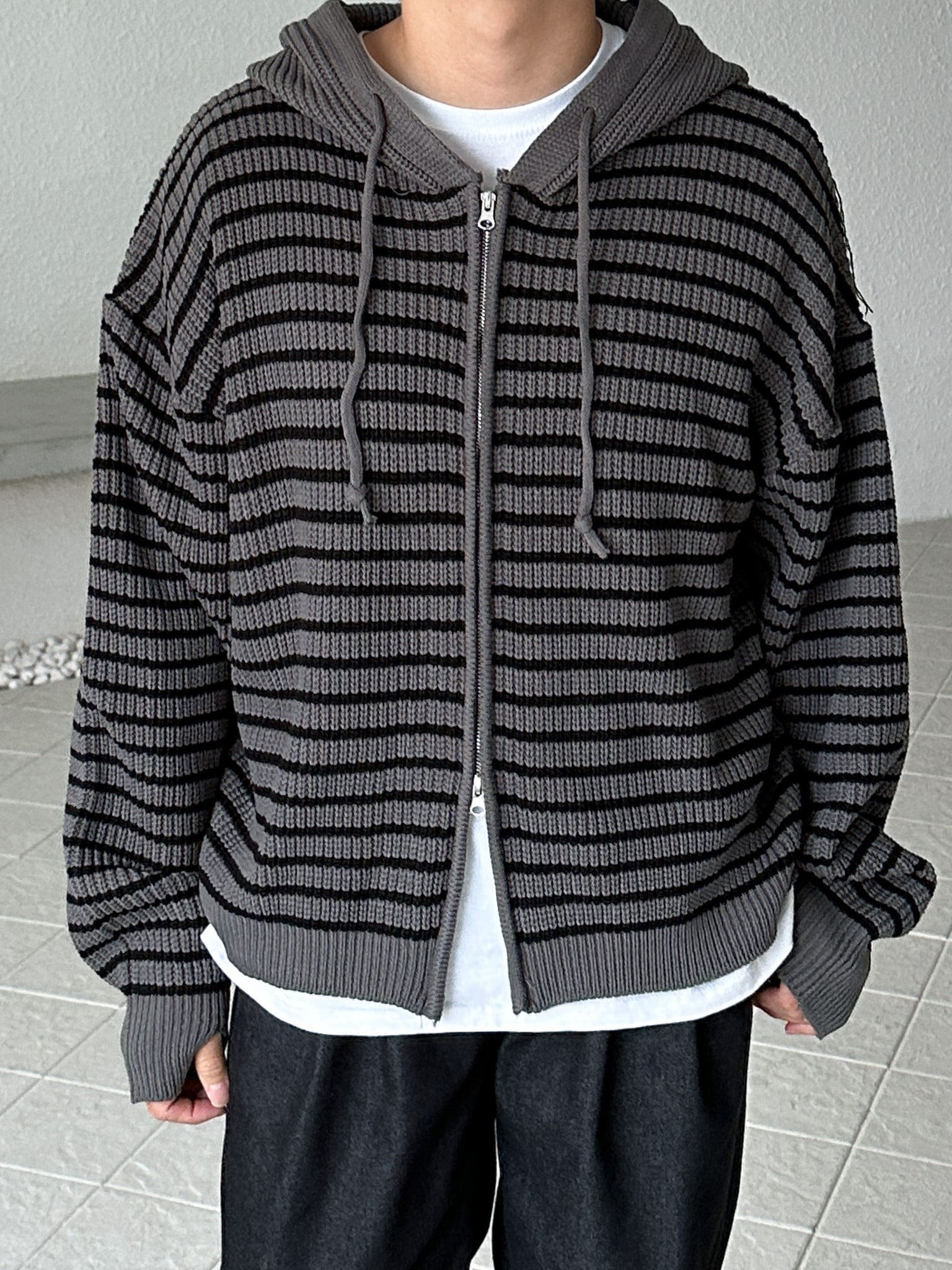 WEEK stripe knit hoodie zip-up (3color)