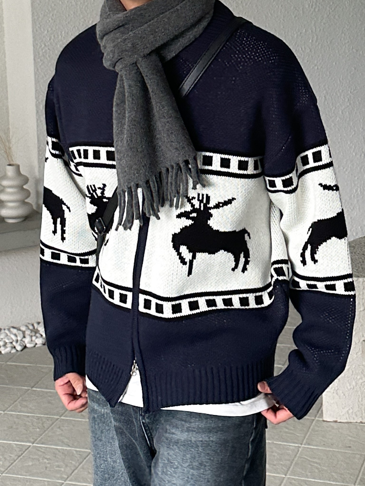 deer collar zip-up knit (2color)